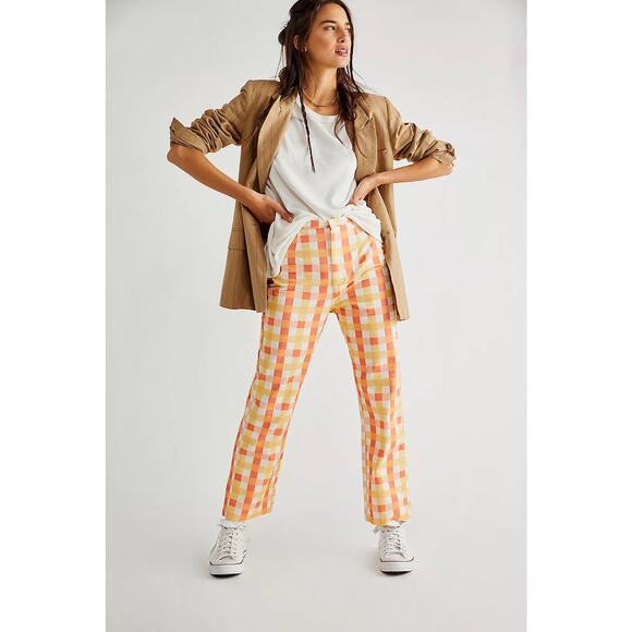 NWT Free People She's All That Printed Check Trouser Pants Yellow Orange Sz 12 - Picture 1 of 11